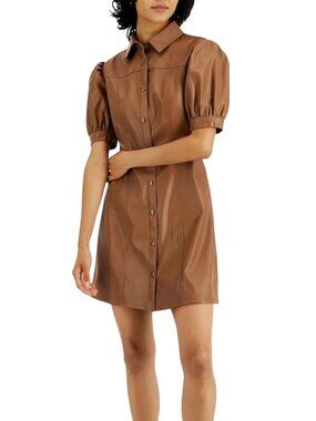 Kit + Sky Brown Faux Leather Puff Short Sleeve Shirt Dress Snap Close Size XL